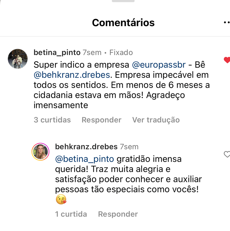 Comentários no Instagram recomendando a Europass e comemorando a cidadania alemã em menos de 6 meses