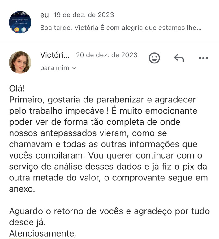 E-mail da cliente Victória parabenizando a Europass pelo trabalho impecável no resgate genealógico