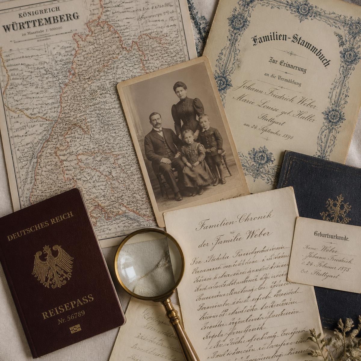 Mapa antigo da Alemanha, certidões, árvore genealógica, fotografia de família e passaporte sobre linho