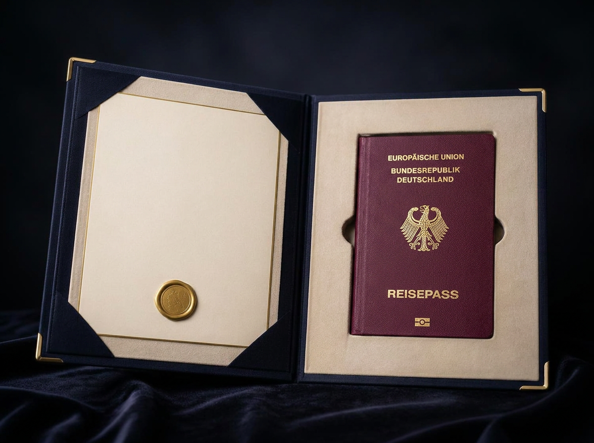 Pasta Europass em linho azul-marinho com interior aveludado, guardando certificado e passaporte